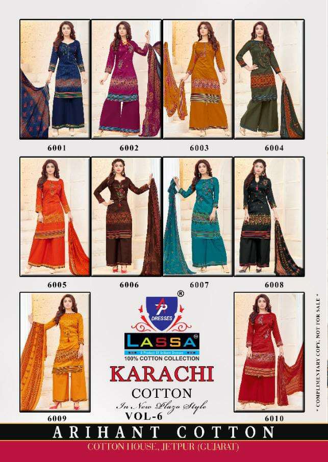 KARACHI COTTON VOL-6 BY LASSA 6001 TO 6010 SERIES BEAUTIFUL STYLISH PATIALA SUITS FANCY COLORFUL CASUAL WEAR & ETHNIC WEAR & READY TO WEAR COTTON PRINTED DRESSES AT WHOLESALE PRICE