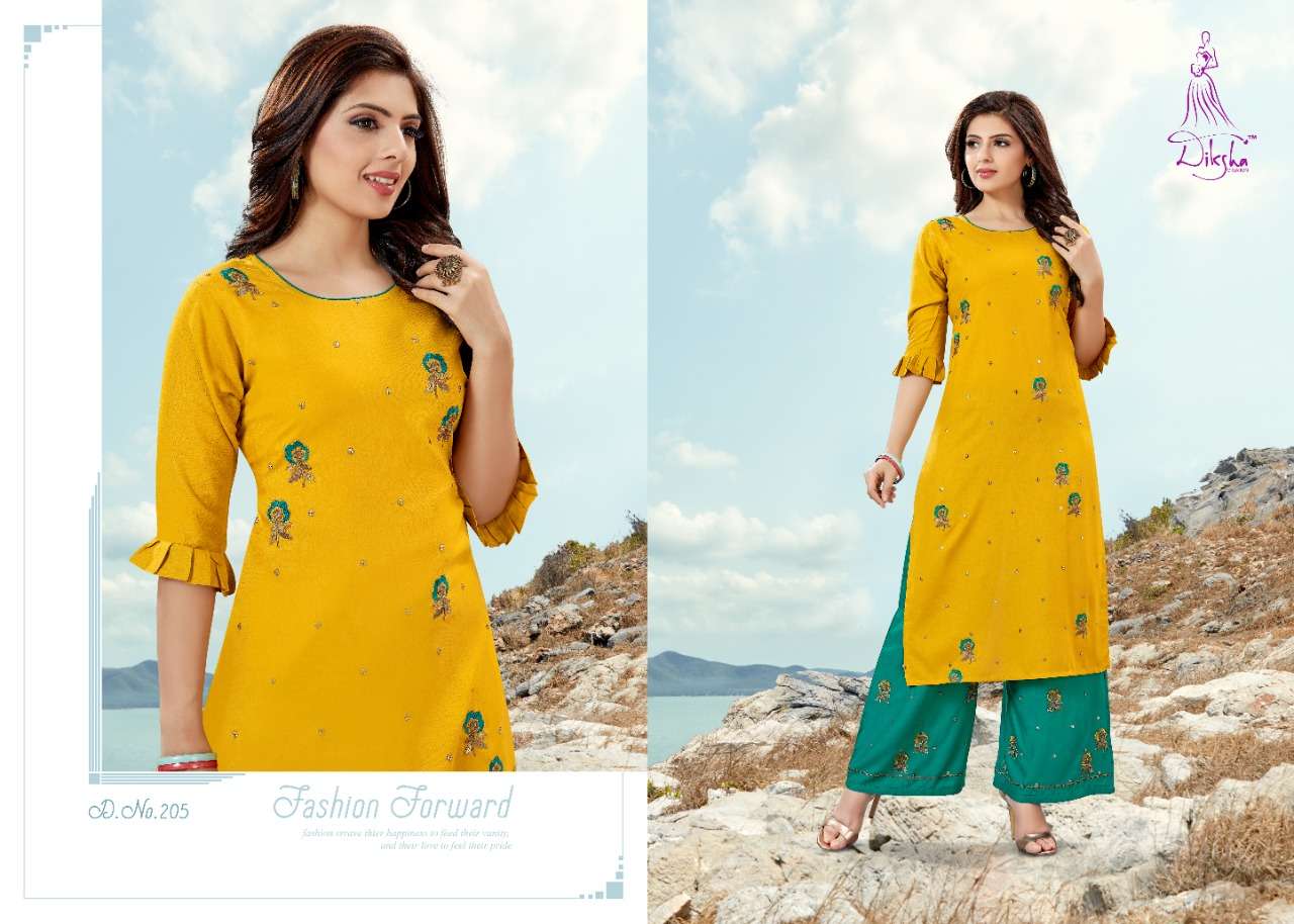 NETRA BY DIKSHA FASHION 201 TO 208 SERIES BEAUTIFUL COLORFUL STYLISH FANCY CASUAL WEAR & ETHNIC WEAR & READY TO WEAR HEAVY RAYON WITH EMBROIDERY KURTIS AT WHOLESALE PRICE