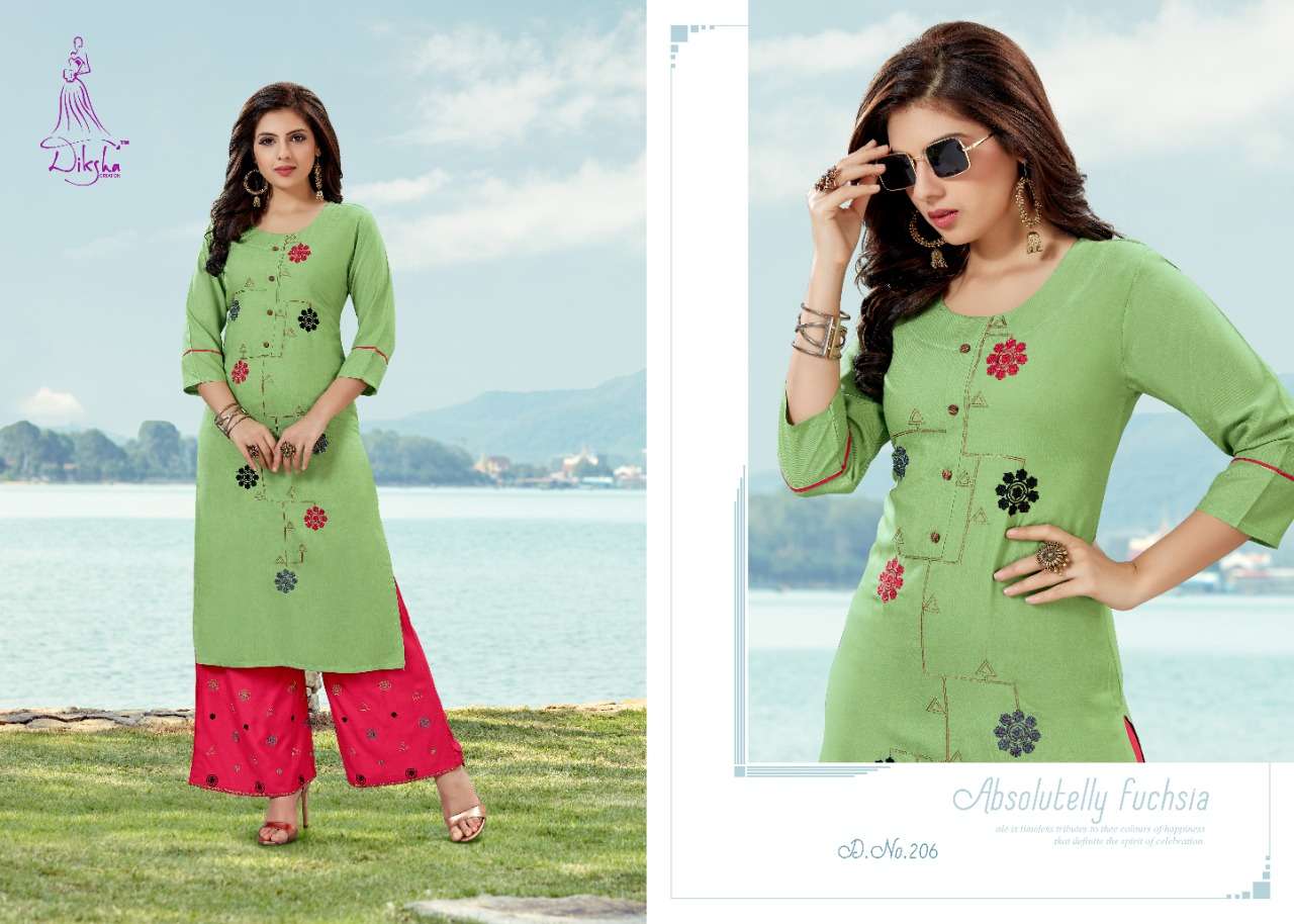 NETRA BY DIKSHA FASHION 201 TO 208 SERIES BEAUTIFUL COLORFUL STYLISH FANCY CASUAL WEAR & ETHNIC WEAR & READY TO WEAR HEAVY RAYON WITH EMBROIDERY KURTIS AT WHOLESALE PRICE