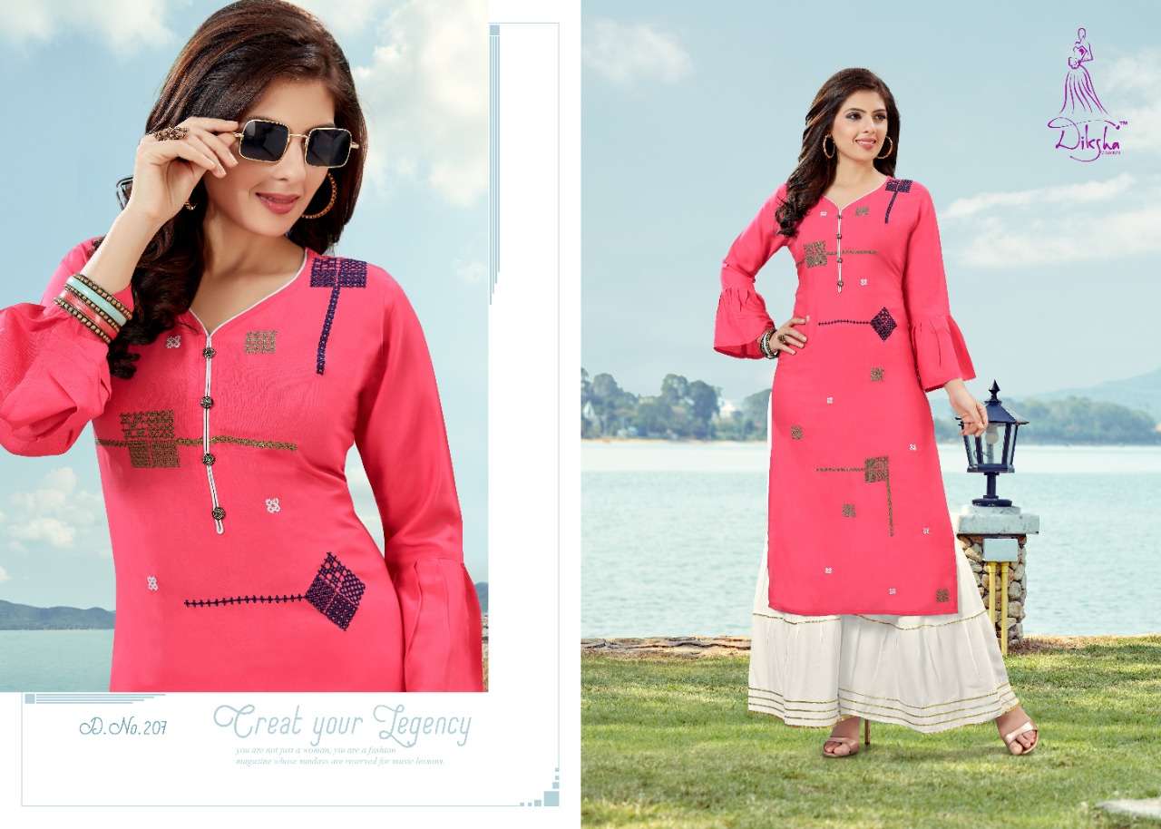 NETRA BY DIKSHA FASHION 201 TO 208 SERIES BEAUTIFUL COLORFUL STYLISH FANCY CASUAL WEAR & ETHNIC WEAR & READY TO WEAR HEAVY RAYON WITH EMBROIDERY KURTIS AT WHOLESALE PRICE
