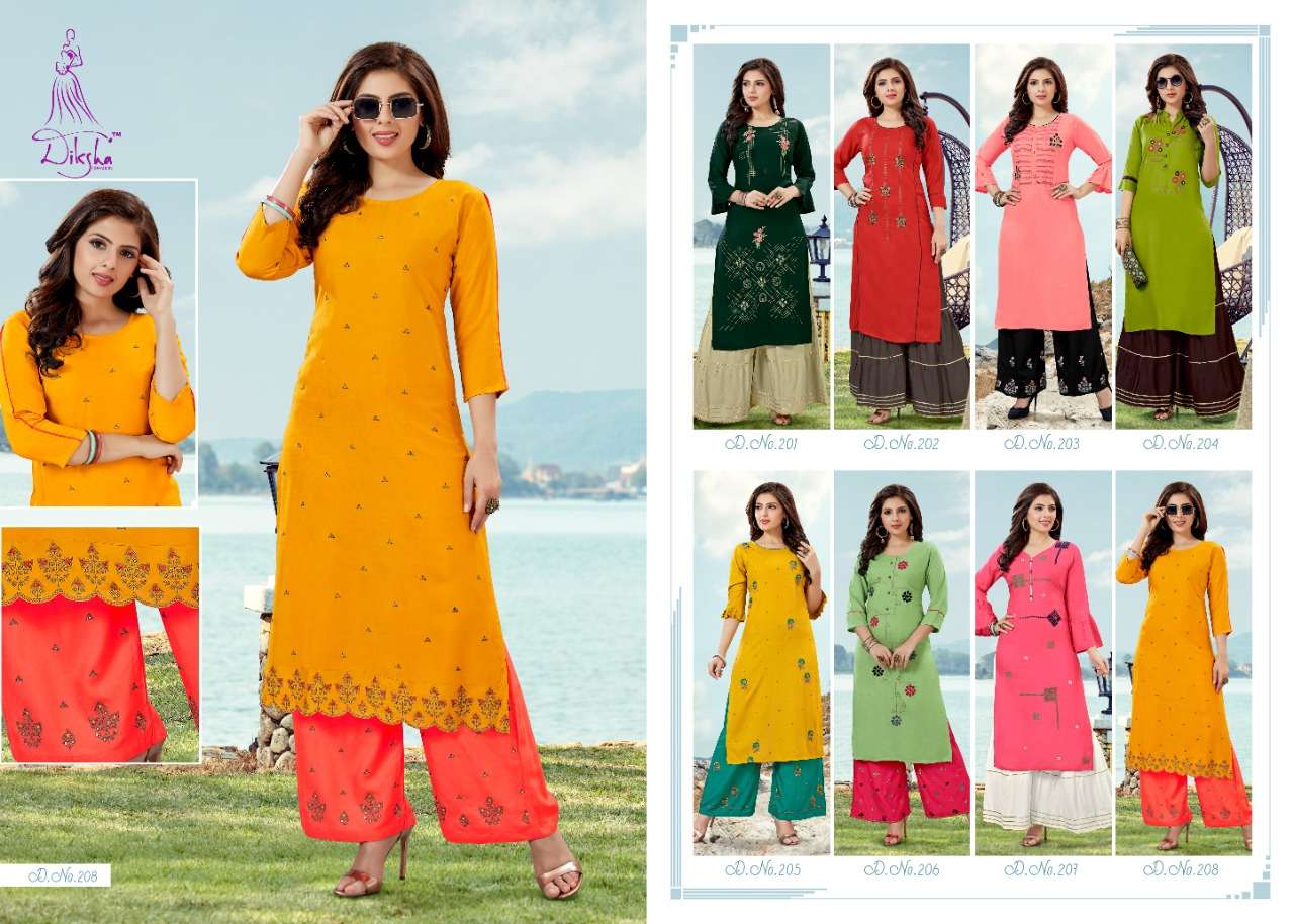 NETRA BY DIKSHA FASHION 201 TO 208 SERIES BEAUTIFUL COLORFUL STYLISH FANCY CASUAL WEAR & ETHNIC WEAR & READY TO WEAR HEAVY RAYON WITH EMBROIDERY KURTIS AT WHOLESALE PRICE