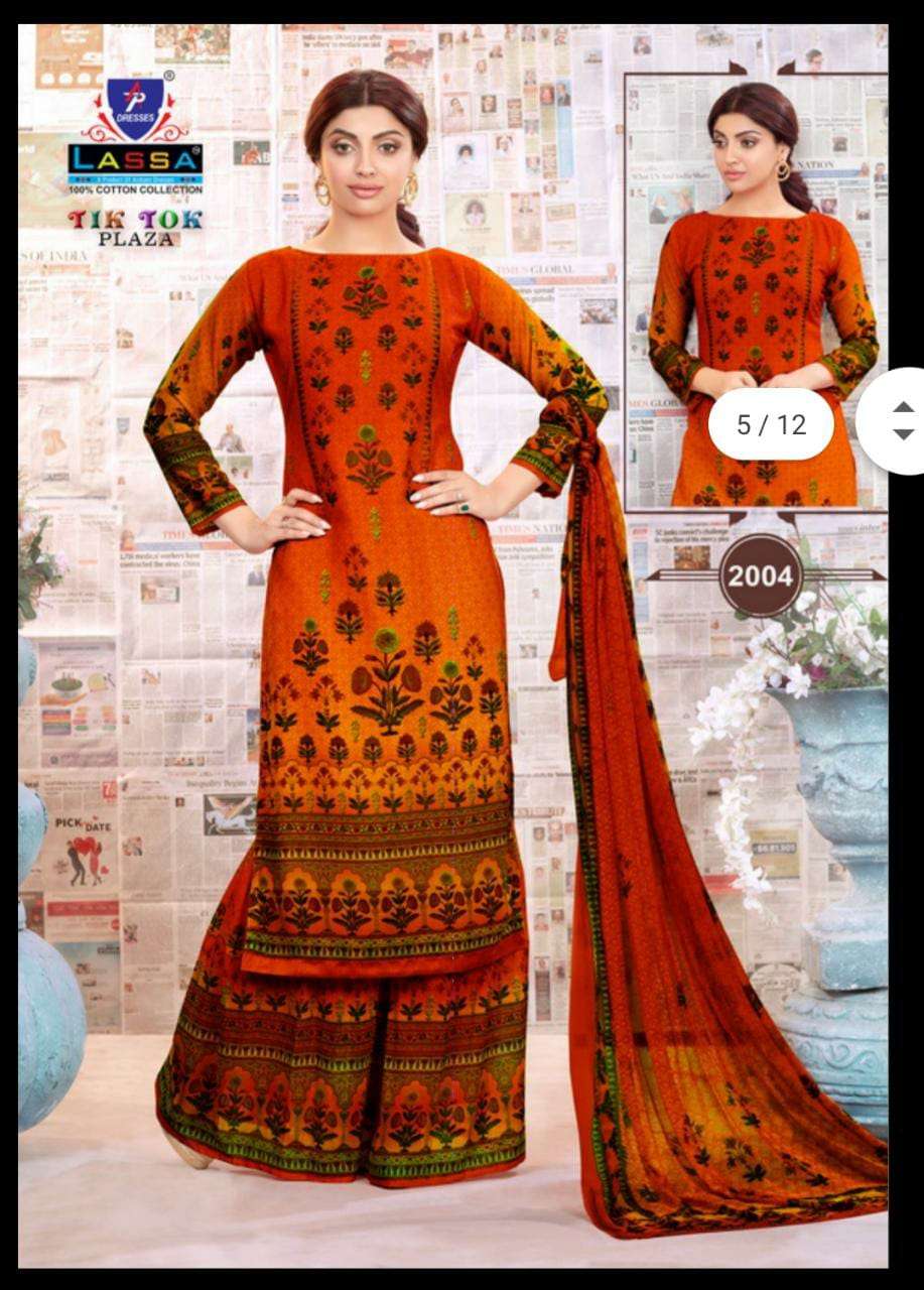 TIK TOK VOL-2 BY LASSA 12001 TO 2010 SERIES BEAUTIFUL STYLISH PATIALA SUITS FANCY COLORFUL CASUAL WEAR & ETHNIC WEAR & READY TO WEAR COTTON PRINTED DRESSES AT WHOLESALE PRICE
