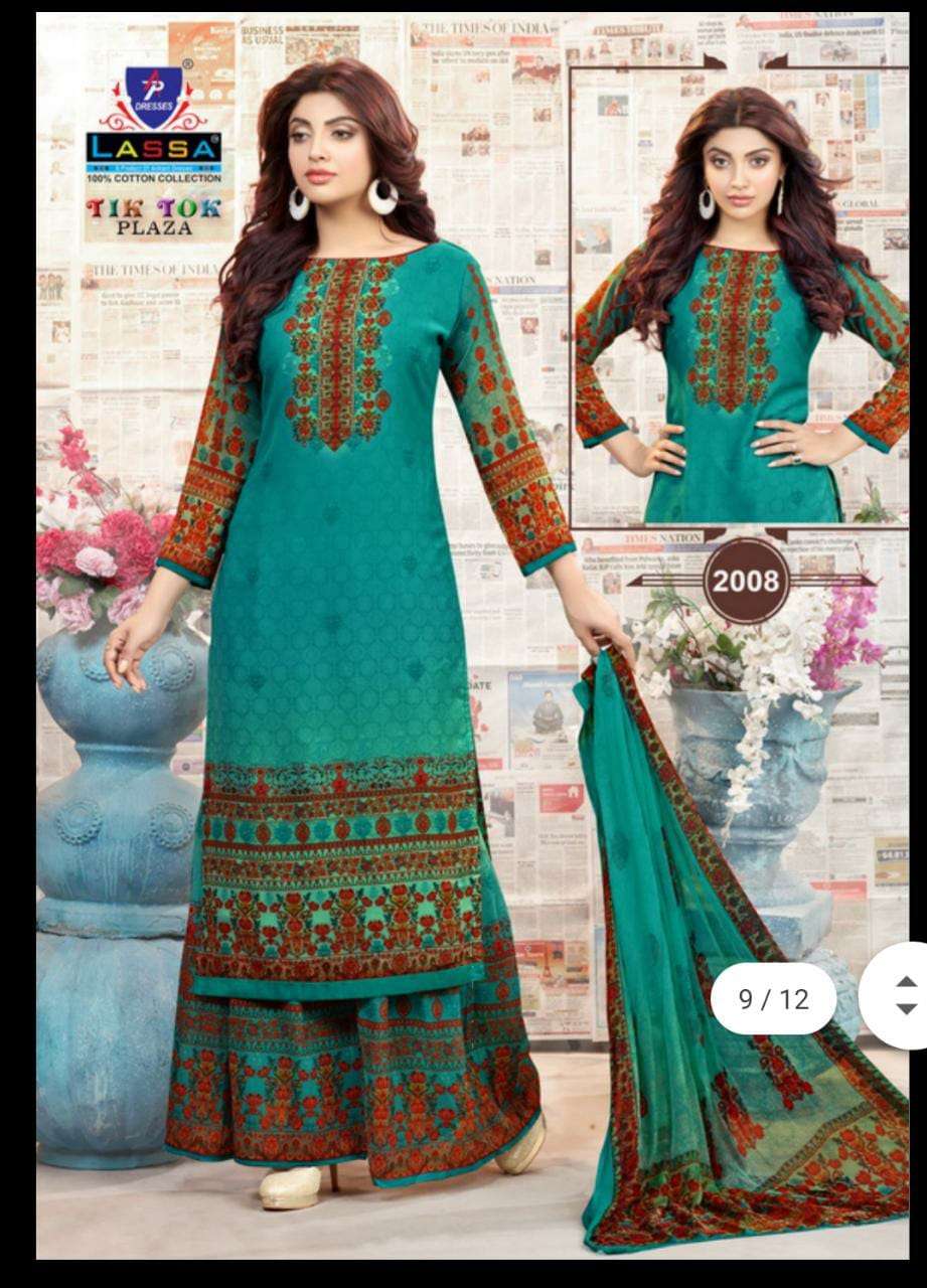 TIK TOK VOL-2 BY LASSA 12001 TO 2010 SERIES BEAUTIFUL STYLISH PATIALA SUITS FANCY COLORFUL CASUAL WEAR & ETHNIC WEAR & READY TO WEAR COTTON PRINTED DRESSES AT WHOLESALE PRICE
