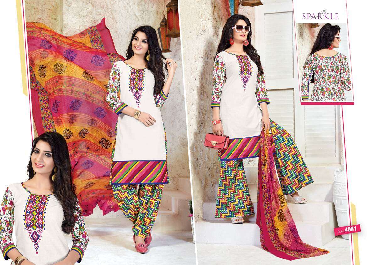 SPARKLE VOL-4 BY PATIDAR MILLS 4001 TO 4010 SERIES BEAUTIFUL STYLISH PATIALA SUITS FANCY COLORFUL CASUAL WEAR & ETHNIC WEAR & READY TO WEAR COTTON PRINTED DRESSES AT WHOLESALE PRICE