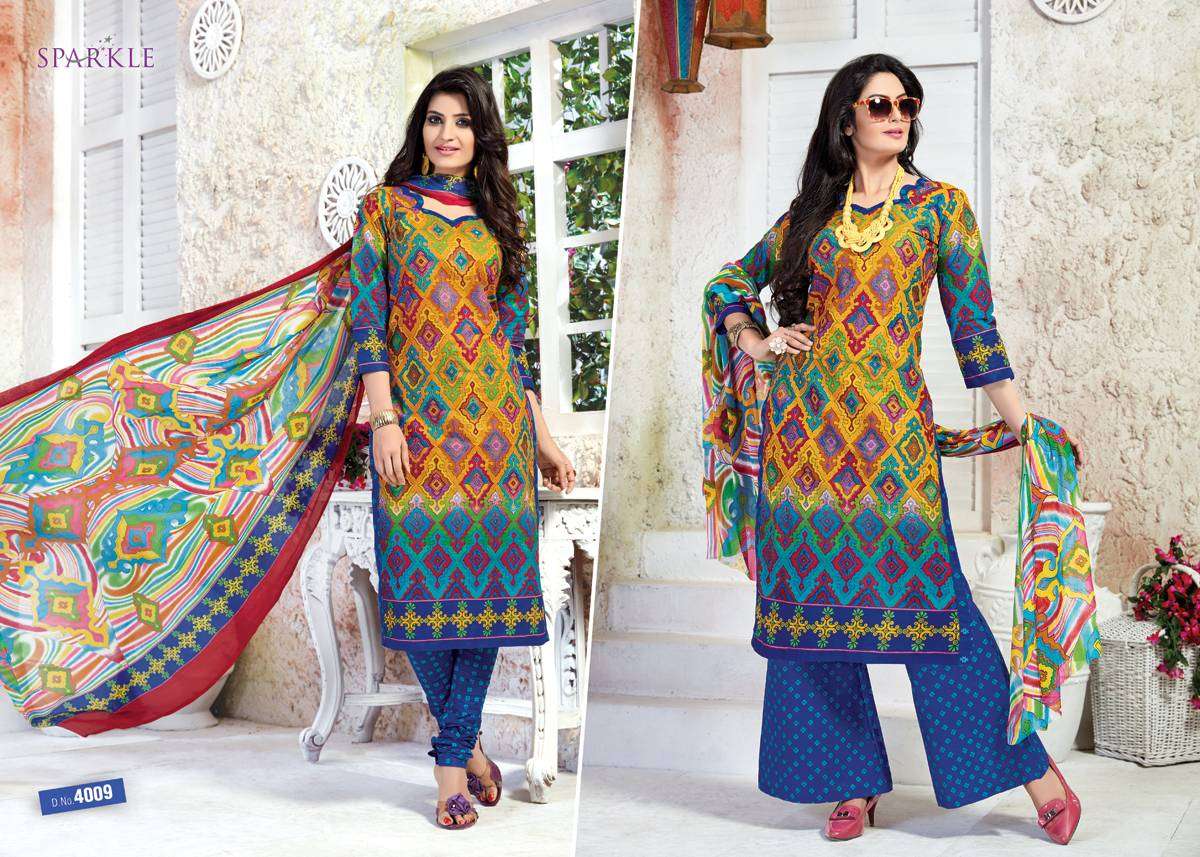 SPARKLE VOL-4 BY PATIDAR MILLS 4001 TO 4010 SERIES BEAUTIFUL STYLISH PATIALA SUITS FANCY COLORFUL CASUAL WEAR & ETHNIC WEAR & READY TO WEAR COTTON PRINTED DRESSES AT WHOLESALE PRICE