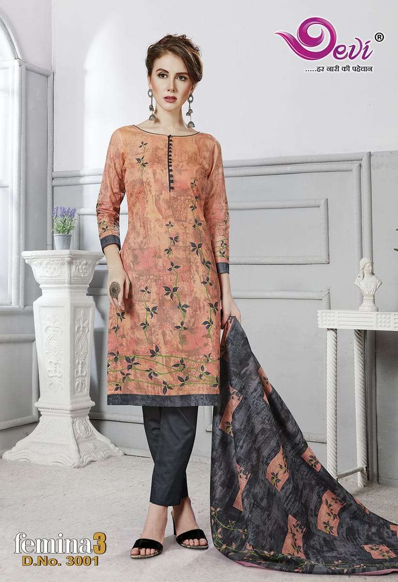 FEMINA VOL-3 BY DEVI 3001 TO 3012 SERIES BEAUTIFUL STYLISH SUITS FANCY COLORFUL CASUAL WEAR & ETHNIC WEAR & READY TO WEAR PURE COTTON PRINTED DRESSES AT WHOLESALE PRICE