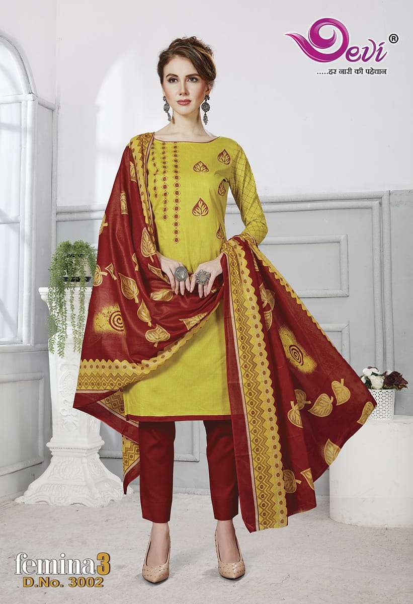 FEMINA VOL-3 BY DEVI 3001 TO 3012 SERIES BEAUTIFUL STYLISH SUITS FANCY COLORFUL CASUAL WEAR & ETHNIC WEAR & READY TO WEAR PURE COTTON PRINTED DRESSES AT WHOLESALE PRICE
