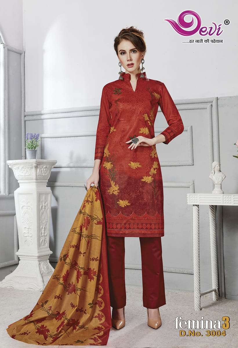 FEMINA VOL-3 BY DEVI 3001 TO 3012 SERIES BEAUTIFUL STYLISH SUITS FANCY COLORFUL CASUAL WEAR & ETHNIC WEAR & READY TO WEAR PURE COTTON PRINTED DRESSES AT WHOLESALE PRICE