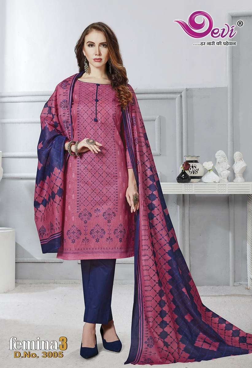 FEMINA VOL-3 BY DEVI 3001 TO 3012 SERIES BEAUTIFUL STYLISH SUITS FANCY COLORFUL CASUAL WEAR & ETHNIC WEAR & READY TO WEAR PURE COTTON PRINTED DRESSES AT WHOLESALE PRICE
