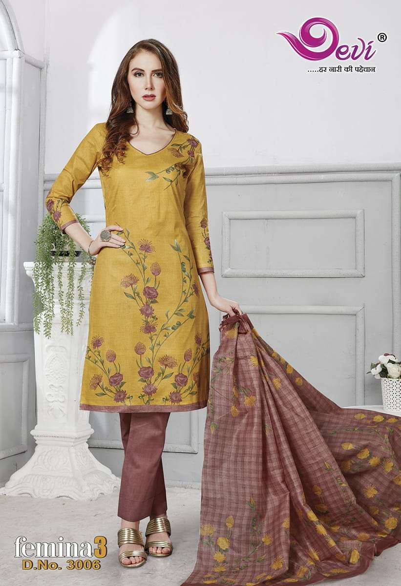 FEMINA VOL-3 BY DEVI 3001 TO 3012 SERIES BEAUTIFUL STYLISH SUITS FANCY COLORFUL CASUAL WEAR & ETHNIC WEAR & READY TO WEAR PURE COTTON PRINTED DRESSES AT WHOLESALE PRICE