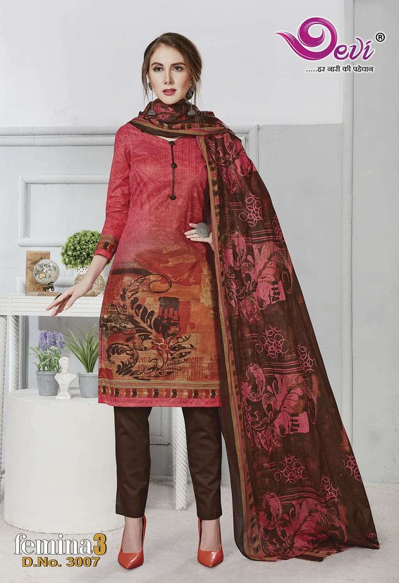 FEMINA VOL-3 BY DEVI 3001 TO 3012 SERIES BEAUTIFUL STYLISH SUITS FANCY COLORFUL CASUAL WEAR & ETHNIC WEAR & READY TO WEAR PURE COTTON PRINTED DRESSES AT WHOLESALE PRICE