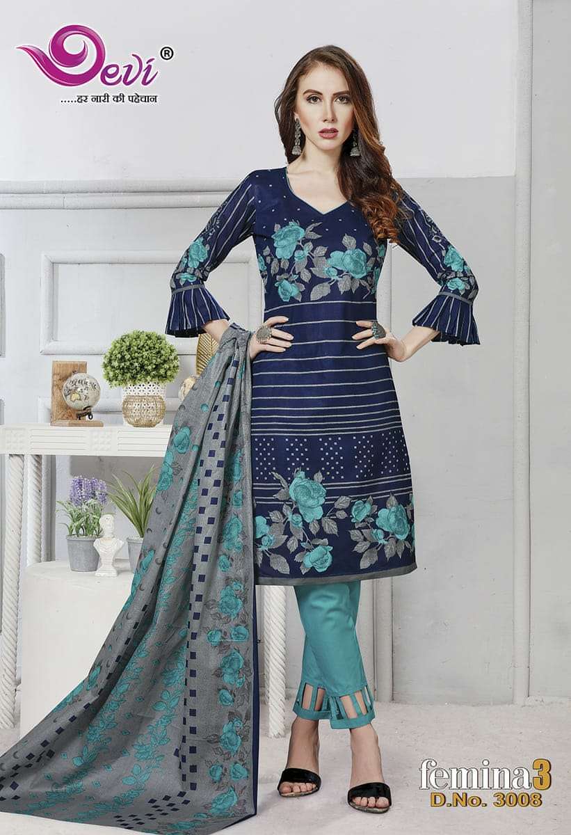 FEMINA VOL-3 BY DEVI 3001 TO 3012 SERIES BEAUTIFUL STYLISH SUITS FANCY COLORFUL CASUAL WEAR & ETHNIC WEAR & READY TO WEAR PURE COTTON PRINTED DRESSES AT WHOLESALE PRICE