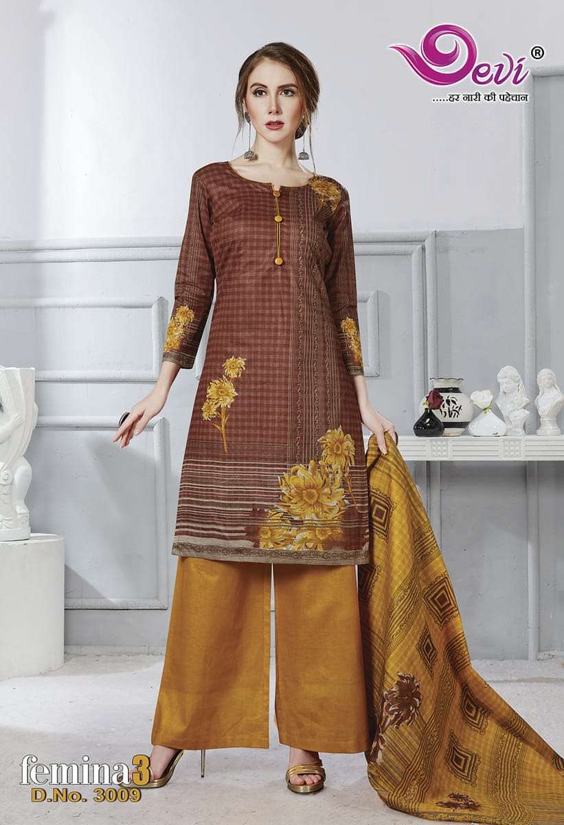 FEMINA VOL-3 BY DEVI 3001 TO 3012 SERIES BEAUTIFUL STYLISH SUITS FANCY COLORFUL CASUAL WEAR & ETHNIC WEAR & READY TO WEAR PURE COTTON PRINTED DRESSES AT WHOLESALE PRICE