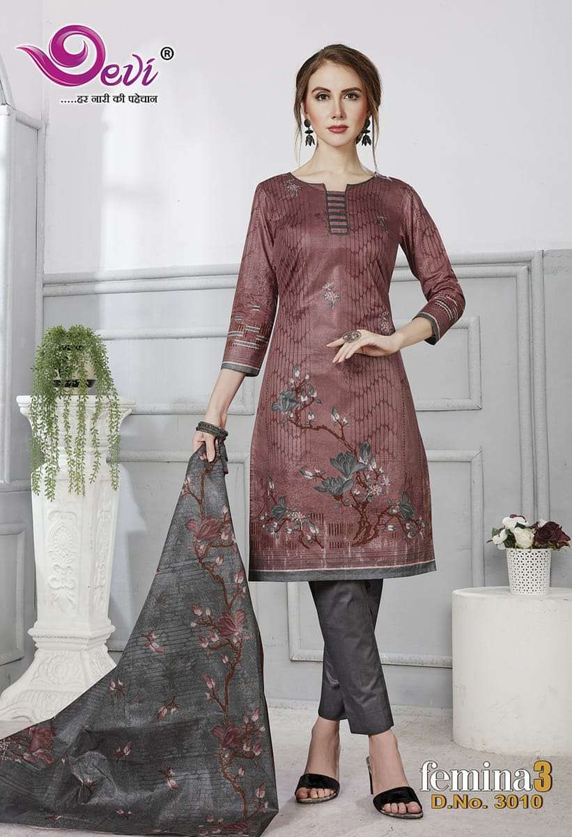 FEMINA VOL-3 BY DEVI 3001 TO 3012 SERIES BEAUTIFUL STYLISH SUITS FANCY COLORFUL CASUAL WEAR & ETHNIC WEAR & READY TO WEAR PURE COTTON PRINTED DRESSES AT WHOLESALE PRICE