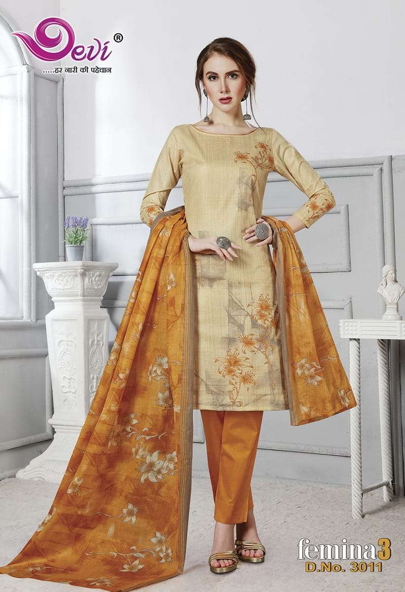 FEMINA VOL-3 BY DEVI 3001 TO 3012 SERIES BEAUTIFUL STYLISH SUITS FANCY COLORFUL CASUAL WEAR & ETHNIC WEAR & READY TO WEAR PURE COTTON PRINTED DRESSES AT WHOLESALE PRICE
