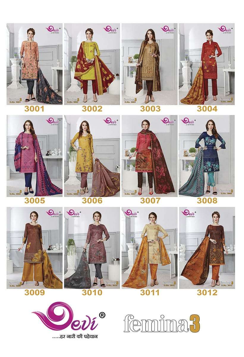 FEMINA VOL-3 BY DEVI 3001 TO 3012 SERIES BEAUTIFUL STYLISH SUITS FANCY COLORFUL CASUAL WEAR & ETHNIC WEAR & READY TO WEAR PURE COTTON PRINTED DRESSES AT WHOLESALE PRICE