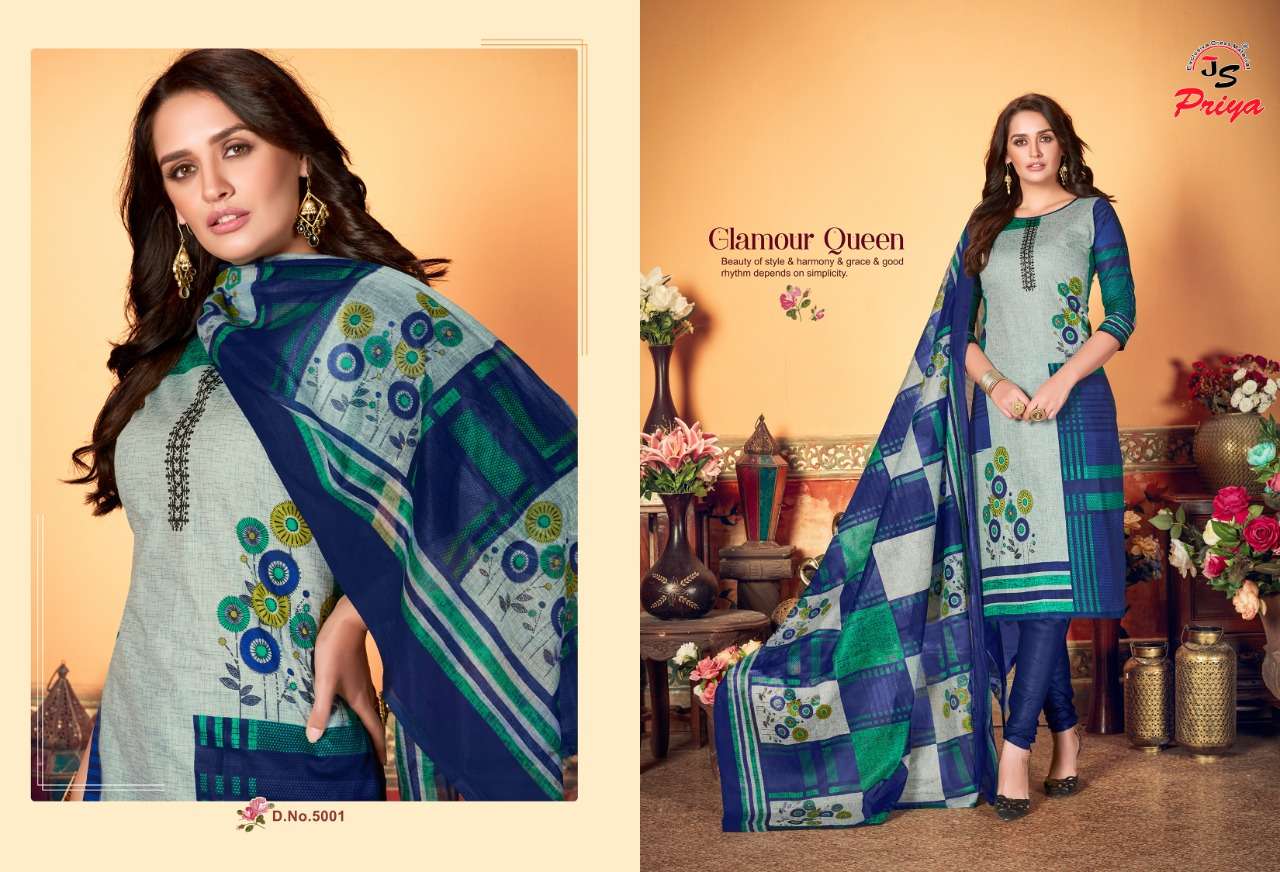 PRIYA LUXMI KARACHI BY J S PRIYA 5001 TO 5010 SERIES BEAUTIFUL SUITS STYLISH COLORFUL FANCY CASUAL WEAR & ETHNIC WEAR PURE COTTON PRINTED DRESSES AT WHOLESALE PRICE
