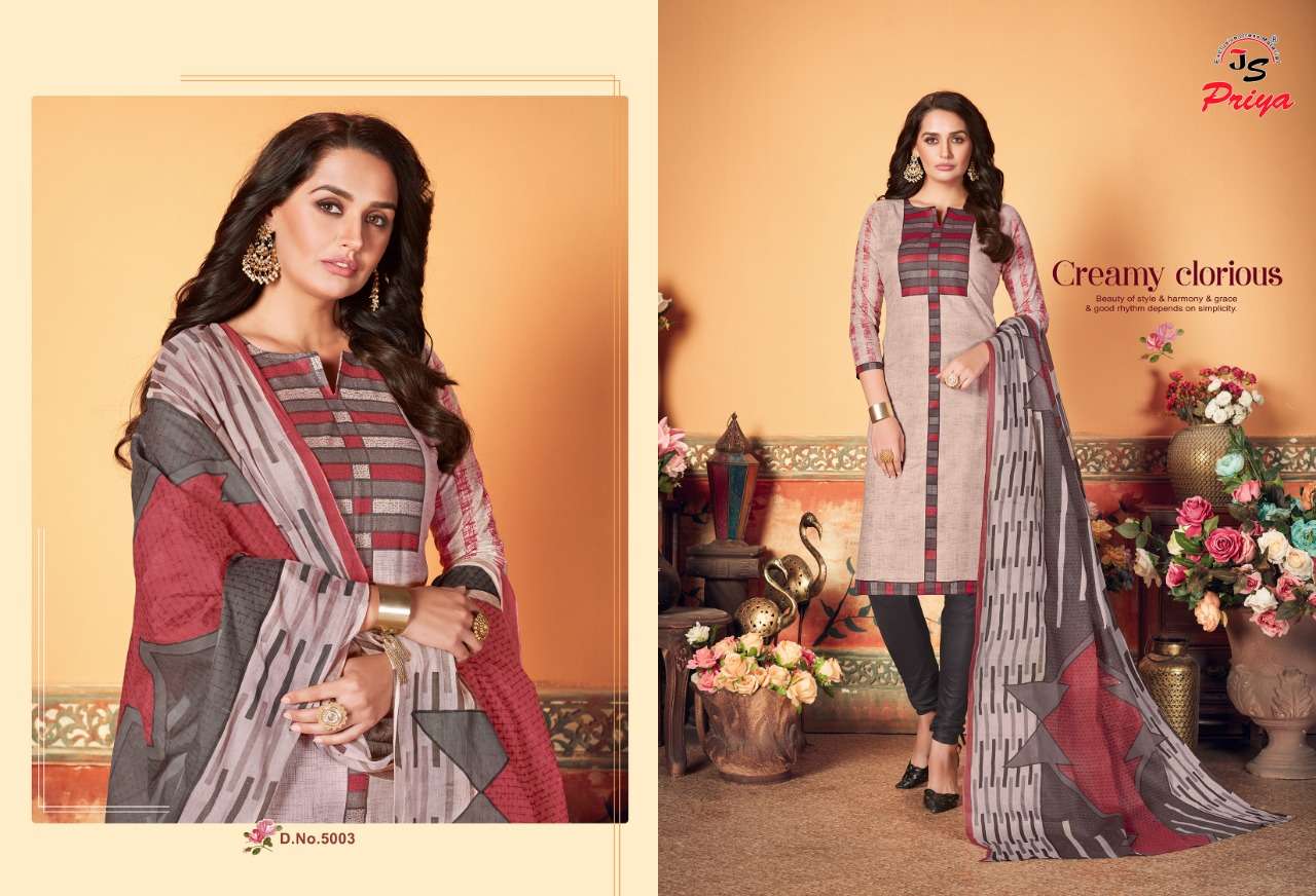PRIYA LUXMI KARACHI BY J S PRIYA 5001 TO 5010 SERIES BEAUTIFUL SUITS STYLISH COLORFUL FANCY CASUAL WEAR & ETHNIC WEAR PURE COTTON PRINTED DRESSES AT WHOLESALE PRICE