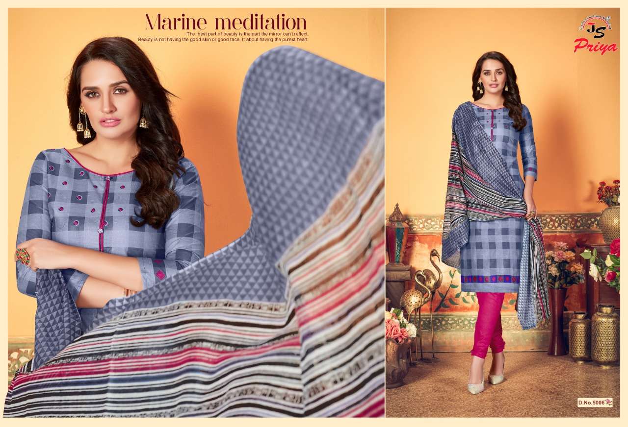 PRIYA LUXMI KARACHI BY J S PRIYA 5001 TO 5010 SERIES BEAUTIFUL SUITS STYLISH COLORFUL FANCY CASUAL WEAR & ETHNIC WEAR PURE COTTON PRINTED DRESSES AT WHOLESALE PRICE