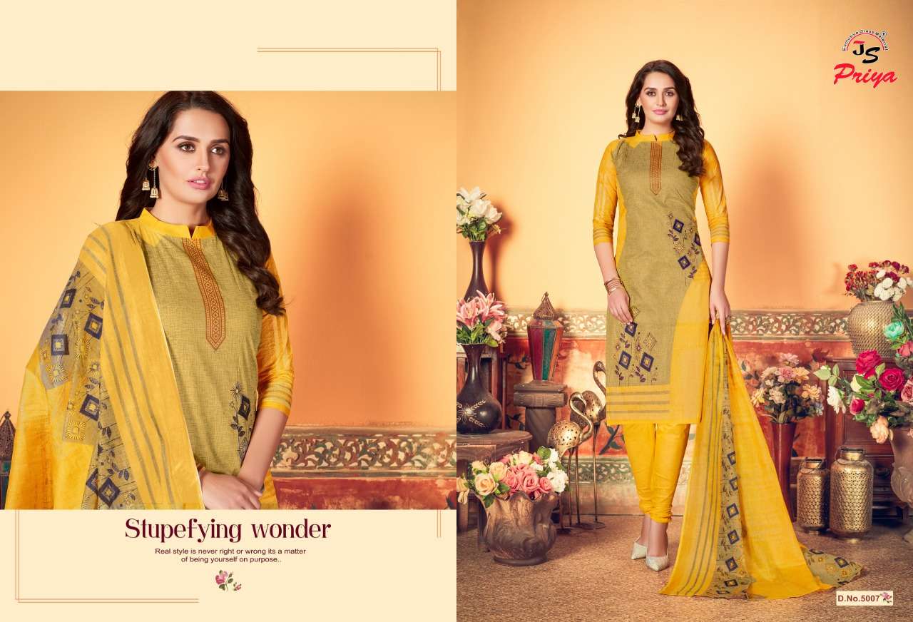 PRIYA LUXMI KARACHI BY J S PRIYA 5001 TO 5010 SERIES BEAUTIFUL SUITS STYLISH COLORFUL FANCY CASUAL WEAR & ETHNIC WEAR PURE COTTON PRINTED DRESSES AT WHOLESALE PRICE