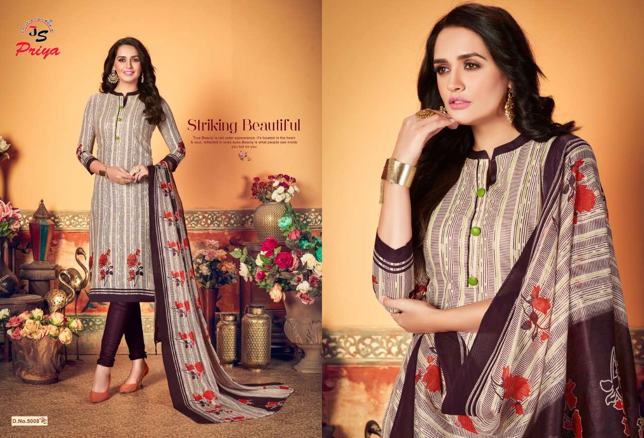 PRIYA LUXMI KARACHI BY J S PRIYA 5001 TO 5010 SERIES BEAUTIFUL SUITS STYLISH COLORFUL FANCY CASUAL WEAR & ETHNIC WEAR PURE COTTON PRINTED DRESSES AT WHOLESALE PRICE
