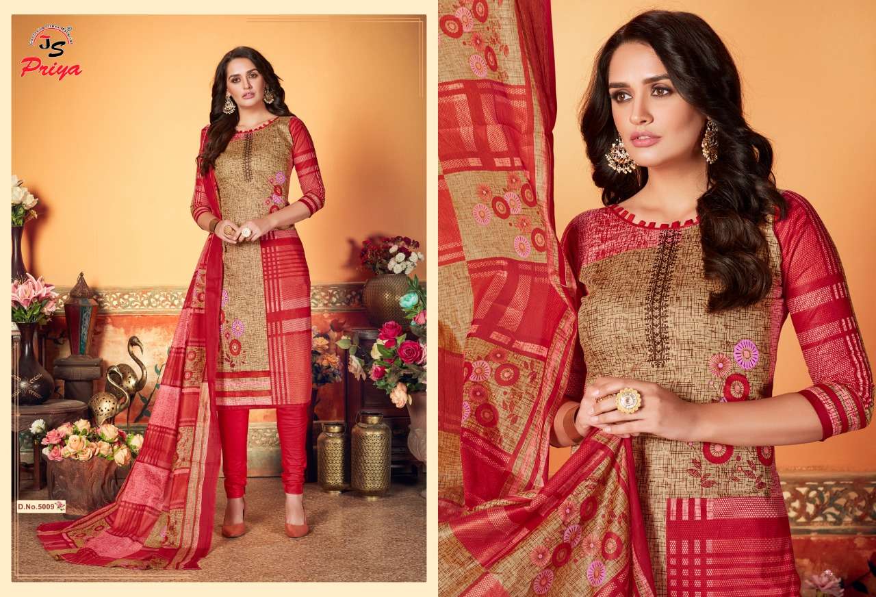 PRIYA LUXMI KARACHI BY J S PRIYA 5001 TO 5010 SERIES BEAUTIFUL SUITS STYLISH COLORFUL FANCY CASUAL WEAR & ETHNIC WEAR PURE COTTON PRINTED DRESSES AT WHOLESALE PRICE