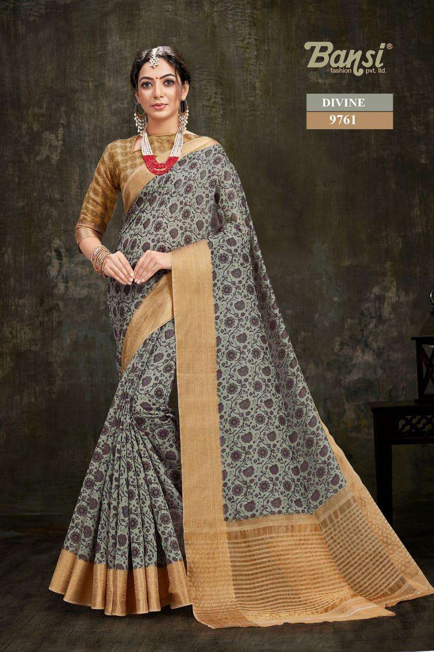 DIVINE BY BANSI FASHION 9761 TO 9768 SERIES INDIAN TRADITIONAL WEAR COLLECTION BEAUTIFUL STYLISH FANCY COLORFUL PARTY WEAR & OCCASIONAL WEAR ART SILK JACQUARD DIGITAL PRINTED SAREES AT WHOLESALE PRICE