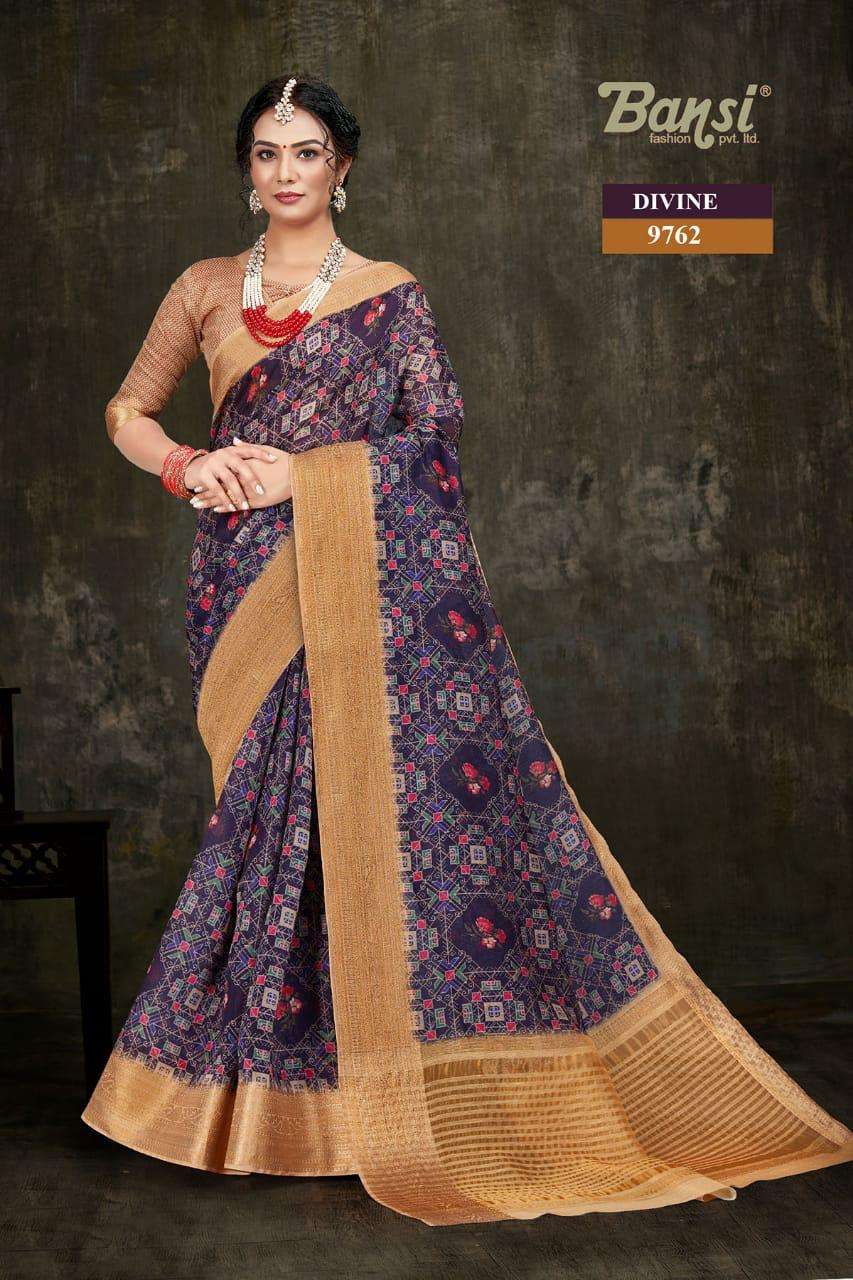 DIVINE BY BANSI FASHION 9761 TO 9768 SERIES INDIAN TRADITIONAL WEAR COLLECTION BEAUTIFUL STYLISH FANCY COLORFUL PARTY WEAR & OCCASIONAL WEAR ART SILK JACQUARD DIGITAL PRINTED SAREES AT WHOLESALE PRICE
