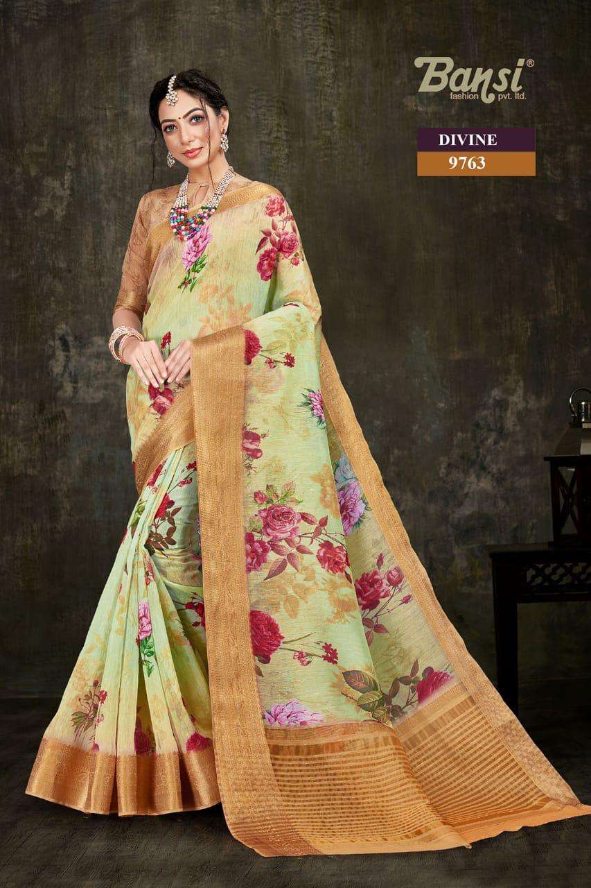 DIVINE BY BANSI FASHION 9761 TO 9768 SERIES INDIAN TRADITIONAL WEAR COLLECTION BEAUTIFUL STYLISH FANCY COLORFUL PARTY WEAR & OCCASIONAL WEAR ART SILK JACQUARD DIGITAL PRINTED SAREES AT WHOLESALE PRICE