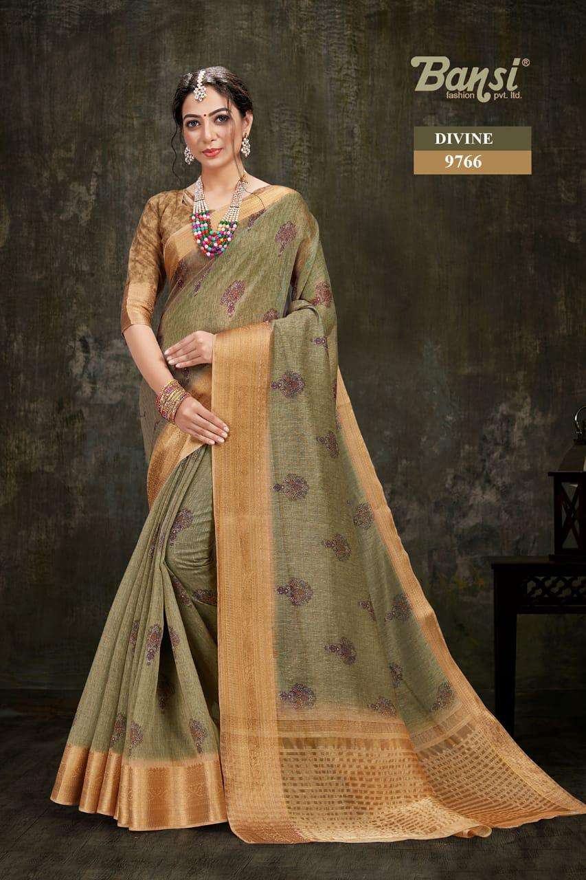 DIVINE BY BANSI FASHION 9761 TO 9768 SERIES INDIAN TRADITIONAL WEAR COLLECTION BEAUTIFUL STYLISH FANCY COLORFUL PARTY WEAR & OCCASIONAL WEAR ART SILK JACQUARD DIGITAL PRINTED SAREES AT WHOLESALE PRICE