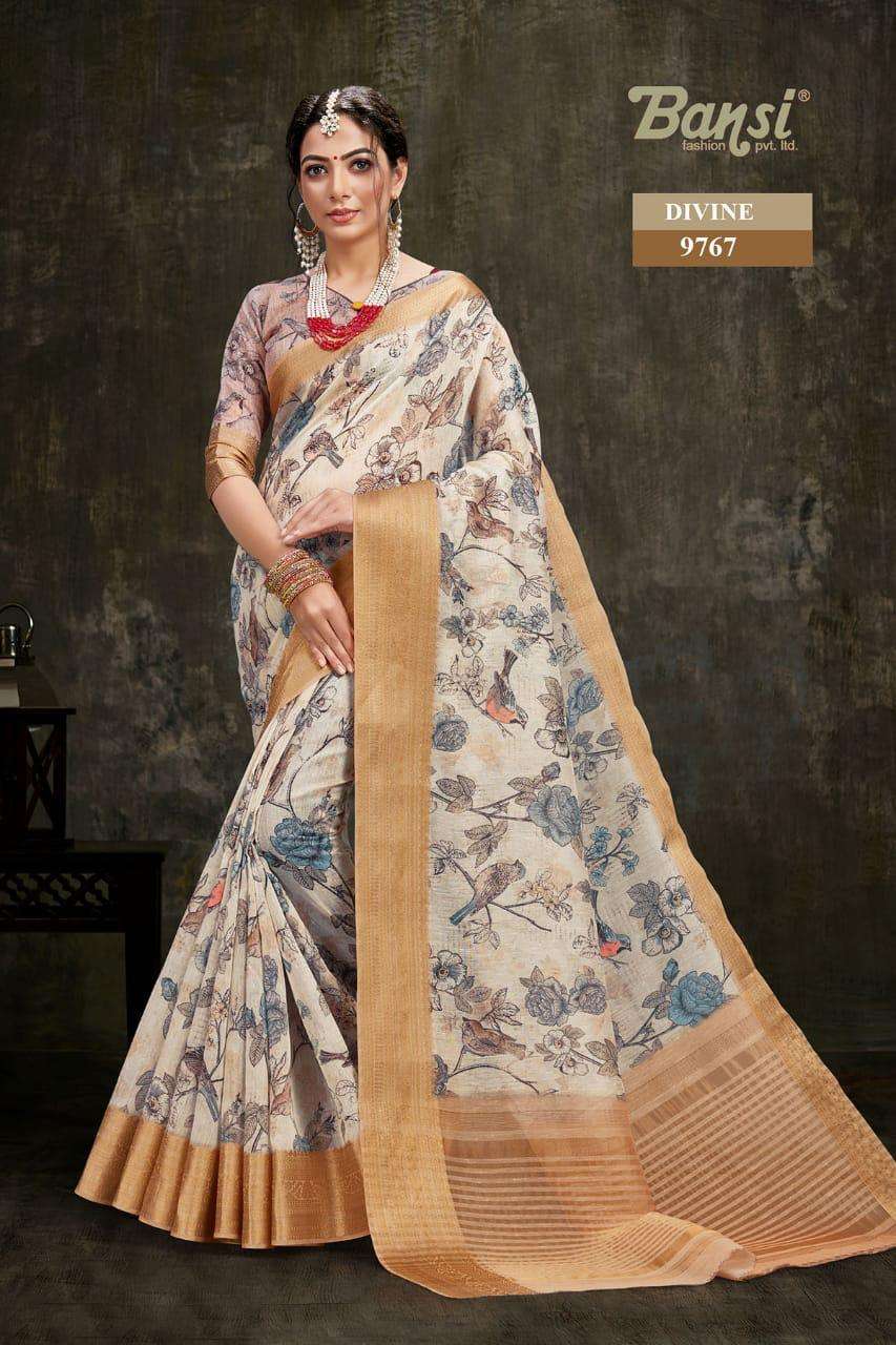 DIVINE BY BANSI FASHION 9761 TO 9768 SERIES INDIAN TRADITIONAL WEAR COLLECTION BEAUTIFUL STYLISH FANCY COLORFUL PARTY WEAR & OCCASIONAL WEAR ART SILK JACQUARD DIGITAL PRINTED SAREES AT WHOLESALE PRICE
