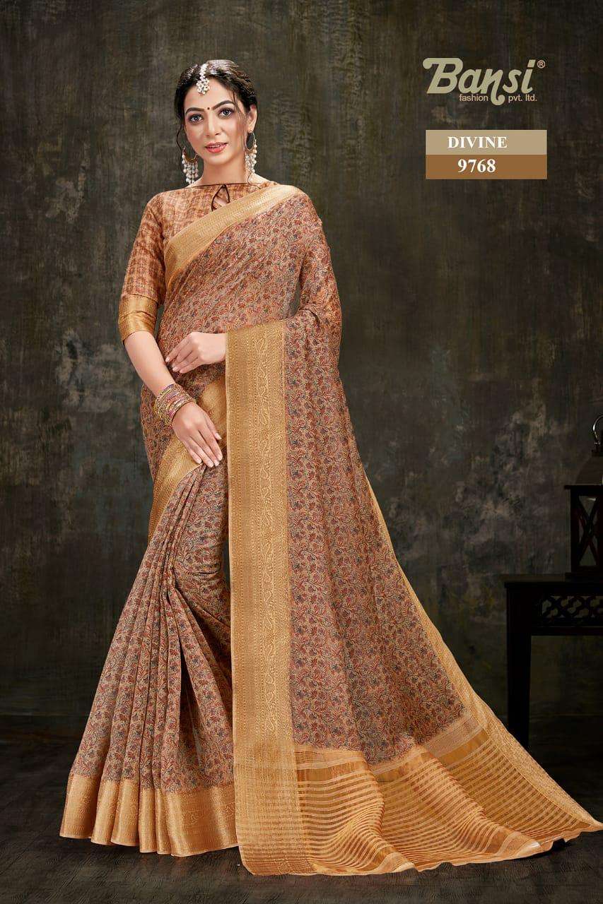 DIVINE BY BANSI FASHION 9761 TO 9768 SERIES INDIAN TRADITIONAL WEAR COLLECTION BEAUTIFUL STYLISH FANCY COLORFUL PARTY WEAR & OCCASIONAL WEAR ART SILK JACQUARD DIGITAL PRINTED SAREES AT WHOLESALE PRICE