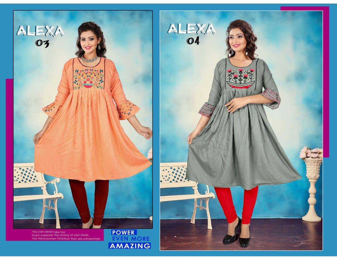 ALEXA BY HONEY 01 TO 10 SERIES BEAUTIFUL STYLISH COLORFUL FANCY PARTY WEAR & ETHNIC WEAR & READY TO WEAR RAYON PLAIN WITH EMBROIDERY KURTIS AT WHOLESALE PRICE