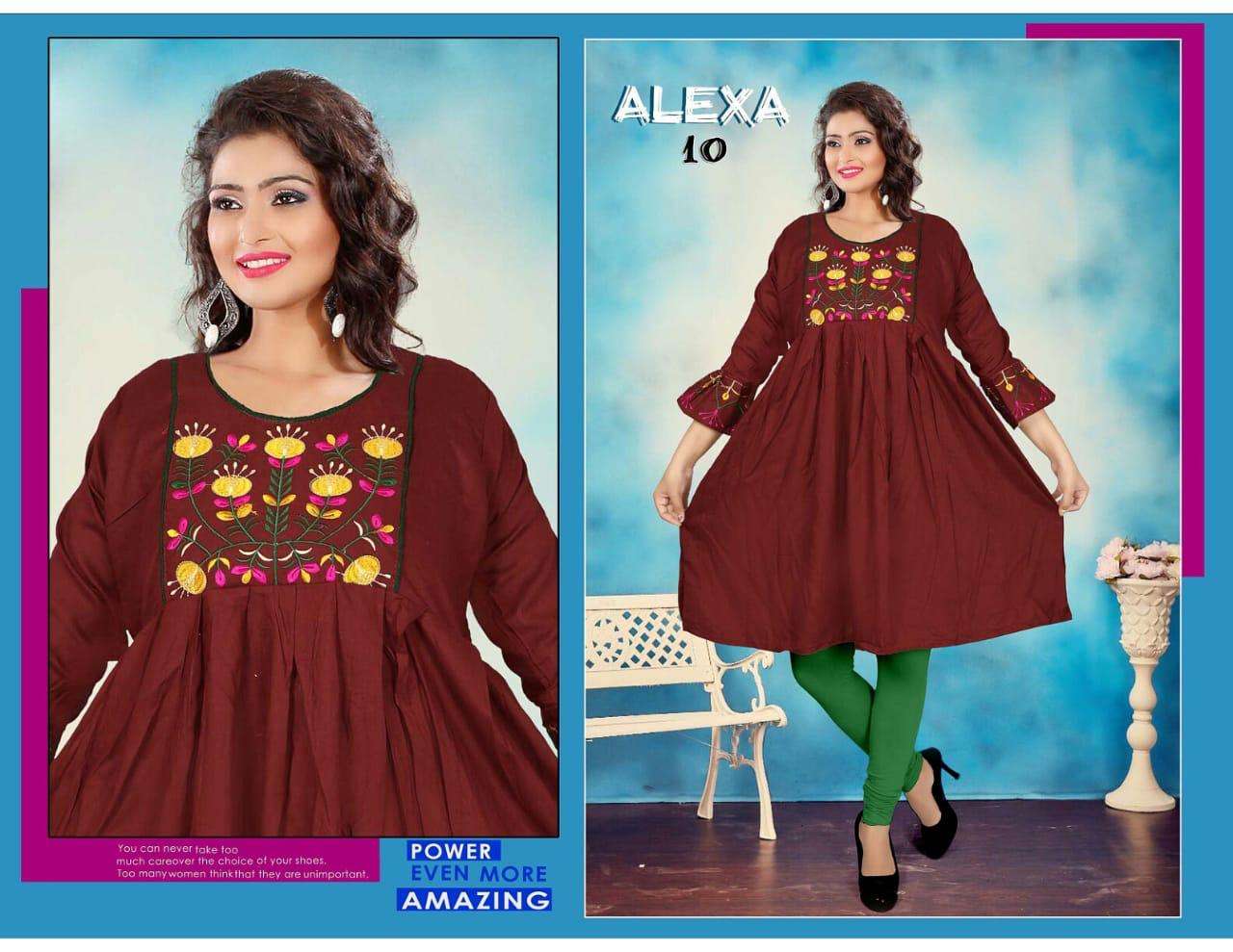 ALEXA BY HONEY 01 TO 10 SERIES BEAUTIFUL STYLISH COLORFUL FANCY PARTY WEAR & ETHNIC WEAR & READY TO WEAR RAYON PLAIN WITH EMBROIDERY KURTIS AT WHOLESALE PRICE