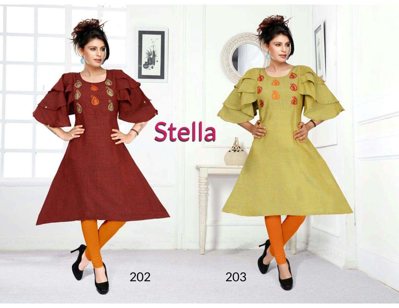 STELLA BY HONEY 201 TO 206 SERIES BEAUTIFUL STYLISH COLORFUL FANCY PARTY WEAR & ETHNIC WEAR & READY TO WEAR RAYON TWO TONE KURTIS AT WHOLESALE PRICE
