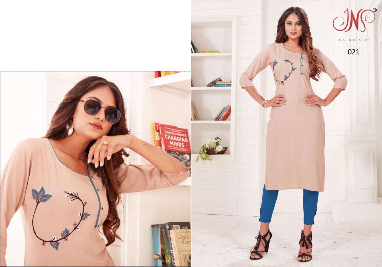 HURMA BY JNS 021 TO 024 SERIES BEAUTIFUL STYLISH COLORFUL FANCY PARTY WEAR & ETHNIC WEAR & READY TO WEAR RAYON EMBROIDERED KURTIS AT WHOLESALE PRICE