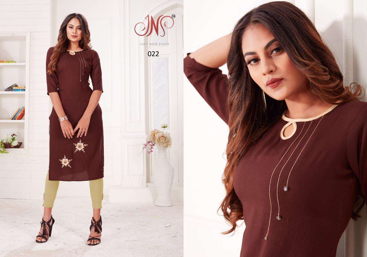 HURMA BY JNS 021 TO 024 SERIES BEAUTIFUL STYLISH COLORFUL FANCY PARTY WEAR & ETHNIC WEAR & READY TO WEAR RAYON EMBROIDERED KURTIS AT WHOLESALE PRICE