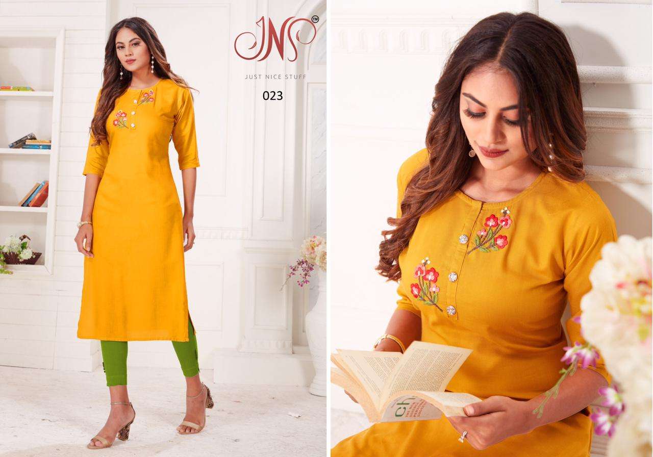 HURMA BY JNS 021 TO 024 SERIES BEAUTIFUL STYLISH COLORFUL FANCY PARTY WEAR & ETHNIC WEAR & READY TO WEAR RAYON EMBROIDERED KURTIS AT WHOLESALE PRICE