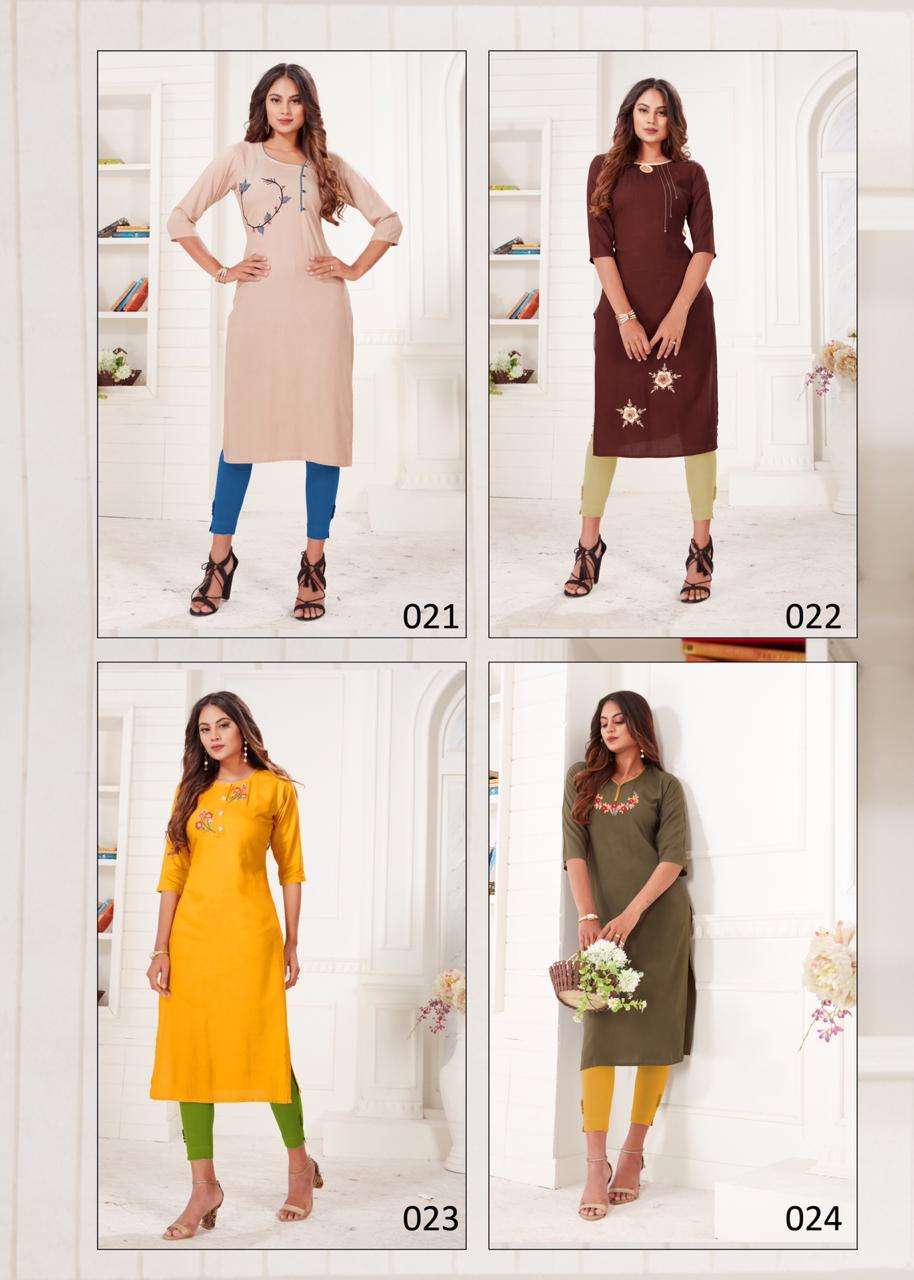 HURMA BY JNS 021 TO 024 SERIES BEAUTIFUL STYLISH COLORFUL FANCY PARTY WEAR & ETHNIC WEAR & READY TO WEAR RAYON EMBROIDERED KURTIS AT WHOLESALE PRICE