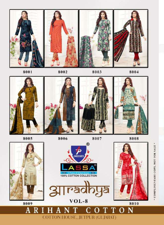 AARADHYA VOL-8 BY LASSA 8001 TO 8010 SERIES BEAUTIFUL PATIYALA SUITS COLORFUL STYLISH FANCY COLORFUL CASUAL WEAR & ETHNIC WEAR COTTON PRINTED DRESSES AT WHOLESALE PRICE