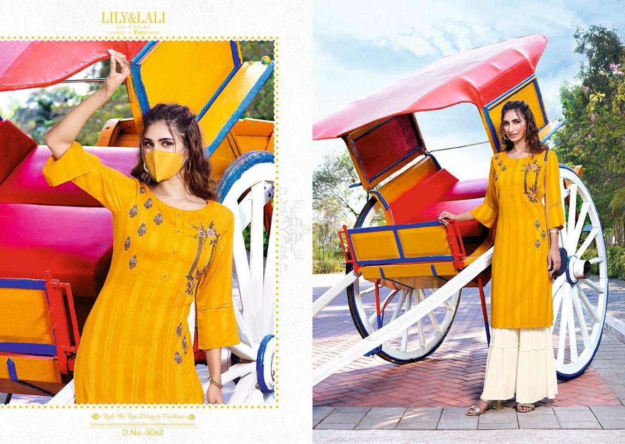 LILY AND LALY BY MYSTERY 5061 TO 5064 SERIES STYLISH FANCY BEAUTIFUL COLORFUL CASUAL WEAR & ETHNIC WEAR RAYON WITH WORK KURTIS AT WHOLESALE PRICE