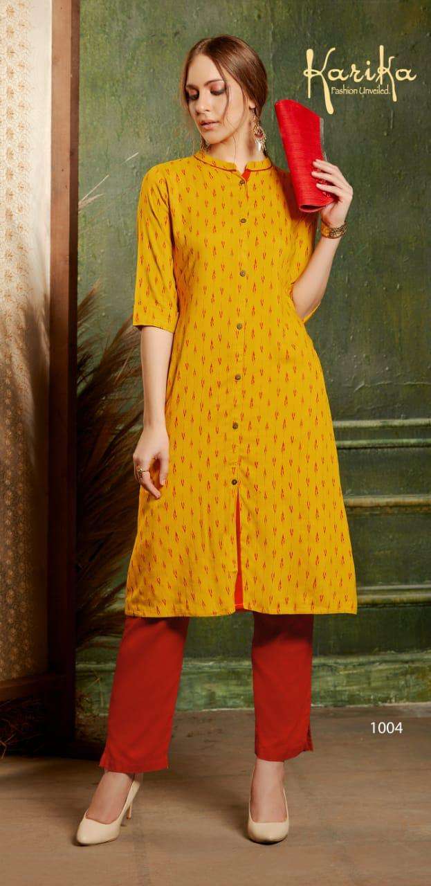 IKKAT BY KARIKA 1001 TO 1006 SERIES BEAUTIFUL STYLISH COLORFUL FANCY PARTY WEAR & ETHNIC WEAR & READY TO WEAR VISCOSE RAYON PRINTED KURTIS AT WHOLESALE PRICE