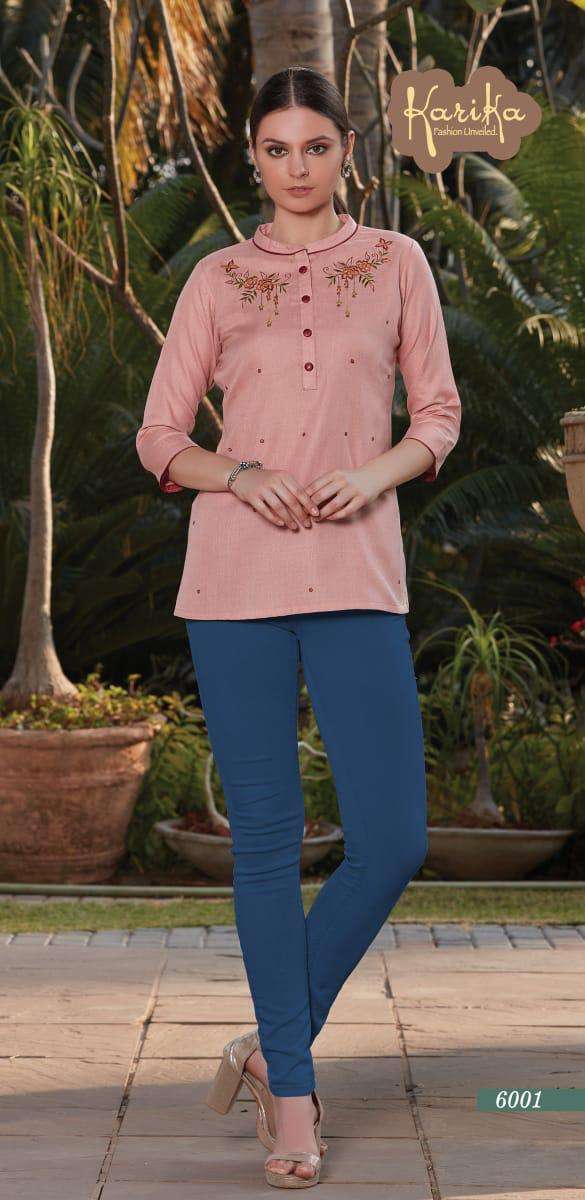 MUSTARD BY KARIKA 6001 TO 6006 SERIES BEAUTIFUL STYLISH COLORFUL FANCY PARTY WEAR & ETHNIC WEAR & READY TO WEAR COTTON SLUB EMBROIDERY TOPS AT WHOLESALE PRICE