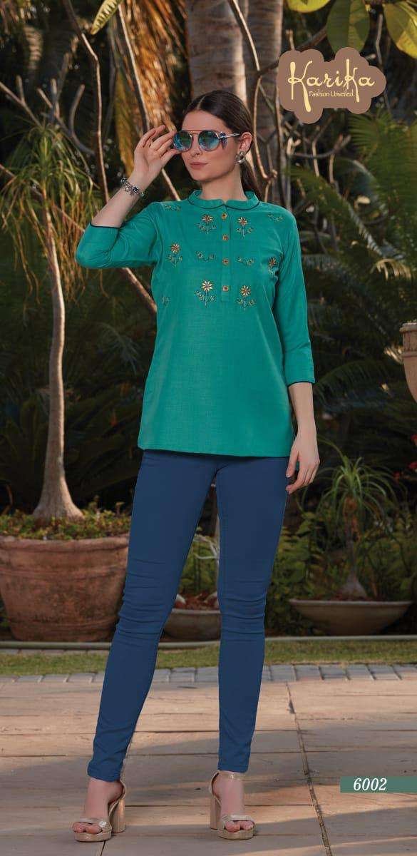 MUSTARD BY KARIKA 6001 TO 6006 SERIES BEAUTIFUL STYLISH COLORFUL FANCY PARTY WEAR & ETHNIC WEAR & READY TO WEAR COTTON SLUB EMBROIDERY TOPS AT WHOLESALE PRICE