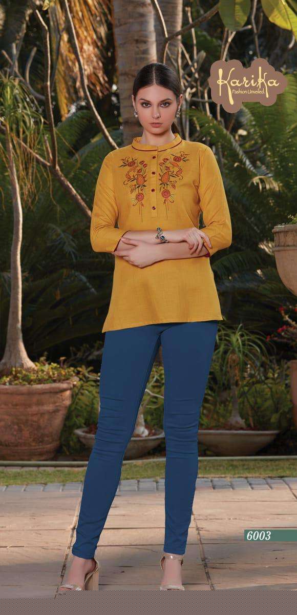 MUSTARD BY KARIKA 6001 TO 6006 SERIES BEAUTIFUL STYLISH COLORFUL FANCY PARTY WEAR & ETHNIC WEAR & READY TO WEAR COTTON SLUB EMBROIDERY TOPS AT WHOLESALE PRICE