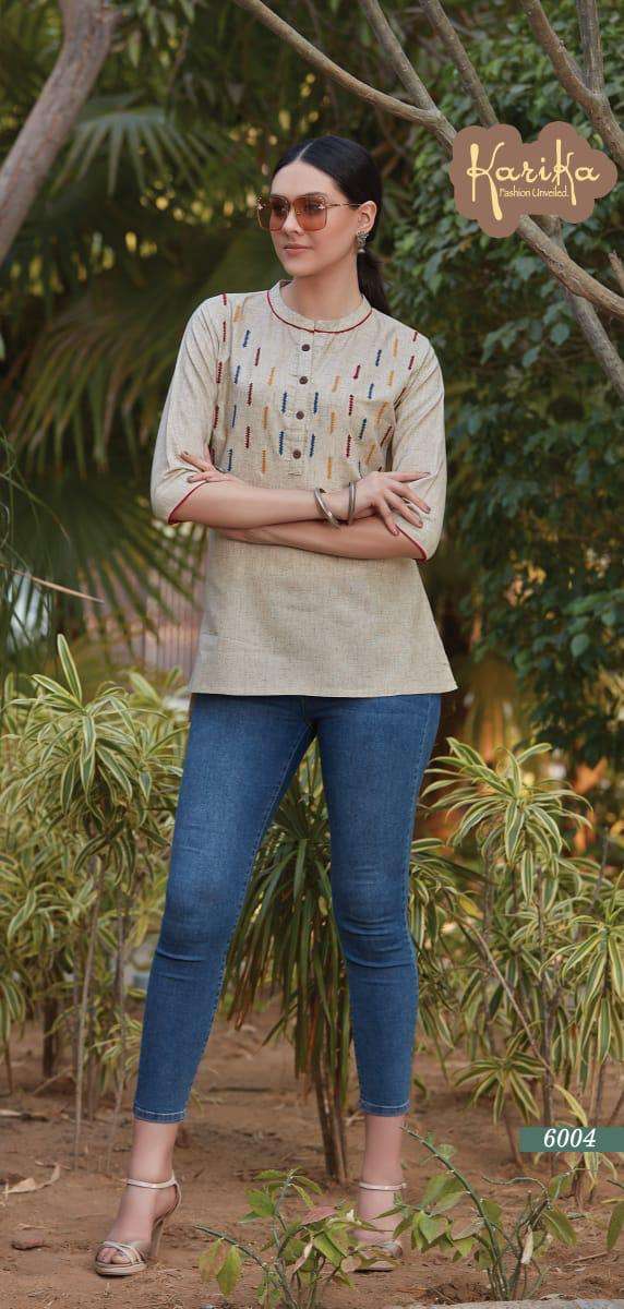 MUSTARD BY KARIKA 6001 TO 6006 SERIES BEAUTIFUL STYLISH COLORFUL FANCY PARTY WEAR & ETHNIC WEAR & READY TO WEAR COTTON SLUB EMBROIDERY TOPS AT WHOLESALE PRICE
