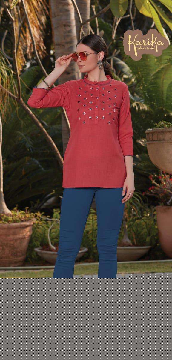 MUSTARD BY KARIKA 6001 TO 6006 SERIES BEAUTIFUL STYLISH COLORFUL FANCY PARTY WEAR & ETHNIC WEAR & READY TO WEAR COTTON SLUB EMBROIDERY TOPS AT WHOLESALE PRICE