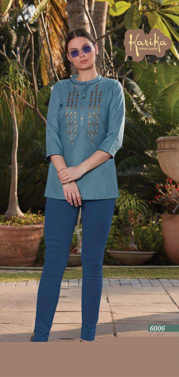 MUSTARD BY KARIKA 6001 TO 6006 SERIES BEAUTIFUL STYLISH COLORFUL FANCY PARTY WEAR & ETHNIC WEAR & READY TO WEAR COTTON SLUB EMBROIDERY TOPS AT WHOLESALE PRICE