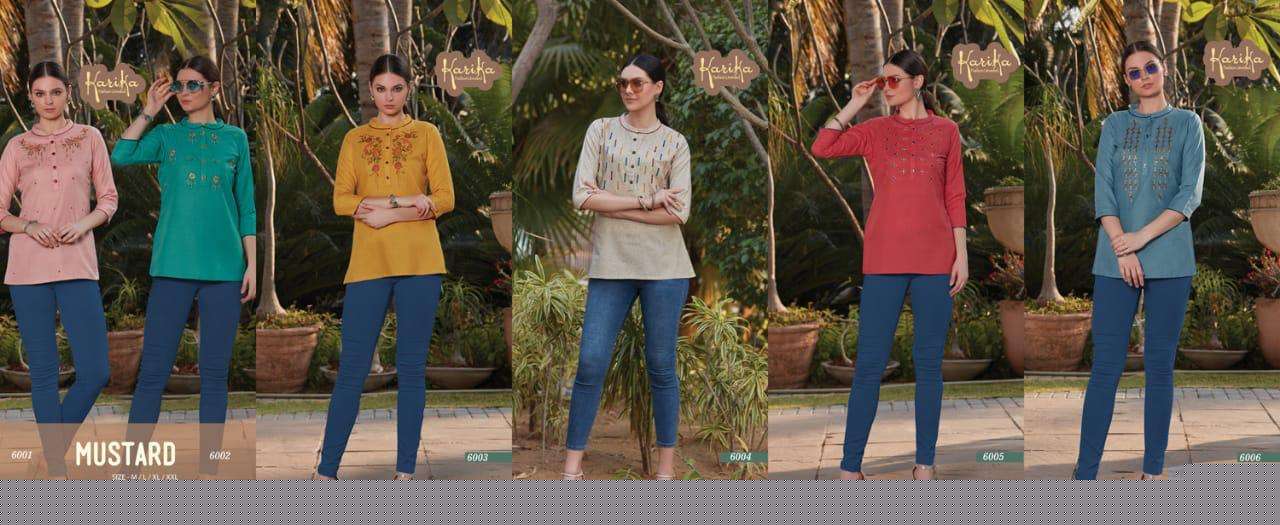 MUSTARD BY KARIKA 6001 TO 6006 SERIES BEAUTIFUL STYLISH COLORFUL FANCY PARTY WEAR & ETHNIC WEAR & READY TO WEAR COTTON SLUB EMBROIDERY TOPS AT WHOLESALE PRICE