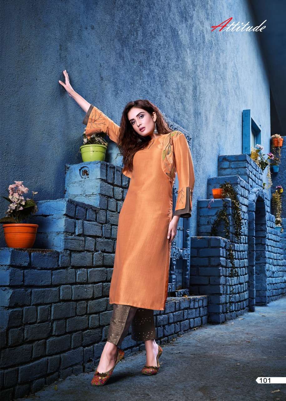 SHOW ME BY ATTITUDE 101 TO 106 SERIES BEAUTIFUL STYLISH COLORFUL FANCY PARTY WEAR & ETHNIC WEAR & READY TO WEAR CHINON SOFT SILK KURTIS AT WHOLESALE PRICE
